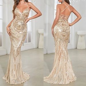Luxe open back party evening sequins gown dress